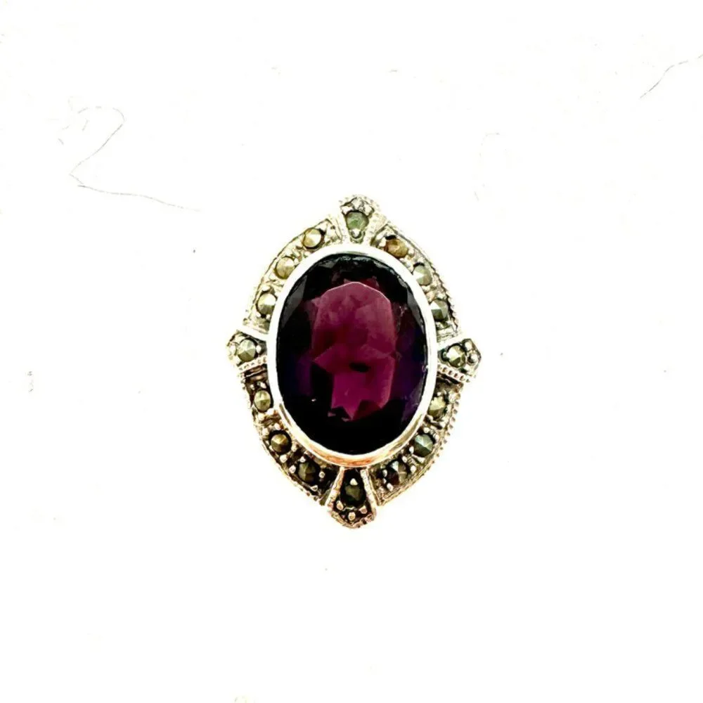 Amethyst and Marcasite Set in a Sterling Silver Stamped 925 Ring Size 6.5